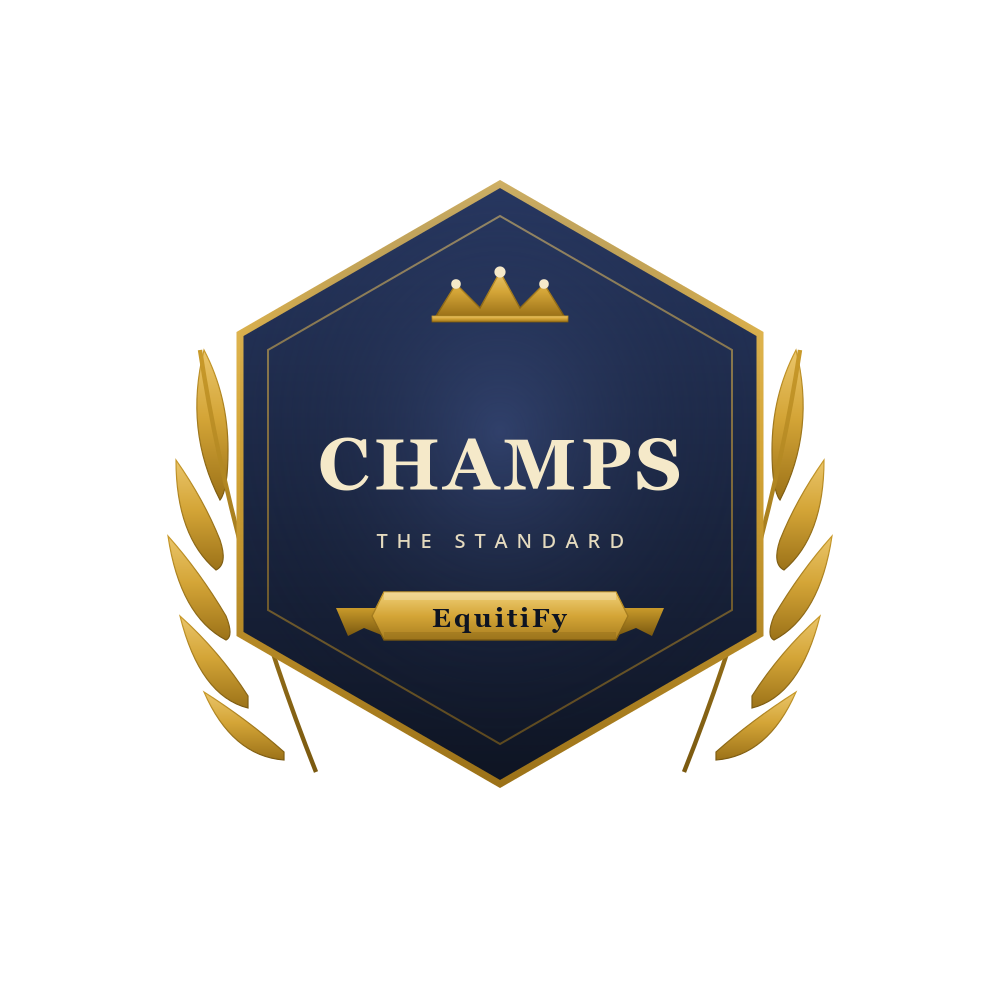 CHAMPS® registered emblem with crown, hexagonal shield, EquitiFy ribbon, and gold laurels